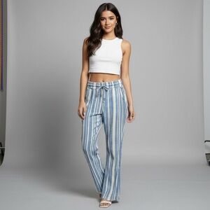 🌻some days lovin' Blue & White Stripe Casual Viscose Pull Up Flare Hem Pants S